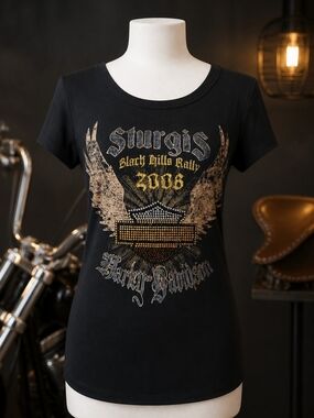 Harley-Davidson Winged Black Tee with Gold and Tan Distressed Graphic Women's M
